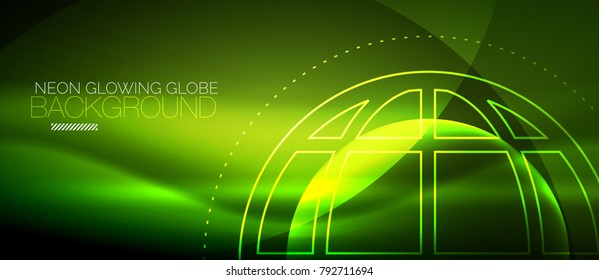 Concepto de globo tecno, neón verde resplandeciente planeta sobre fondo de color abstracto oscuro, efectos de luz