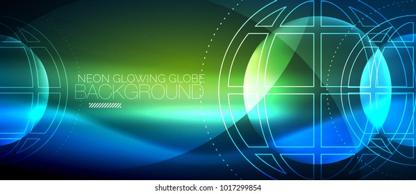 Concepto de globo tecno, neón iluminar planeta sobre fondo de color abstracto oscuro, efectos de luz