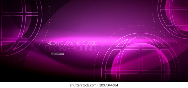 Techno globe concept, neon glow planet on dark abstract color background, light effects