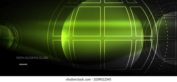 Techno globe concept, neon glow planet on dark abstract color background, light effects