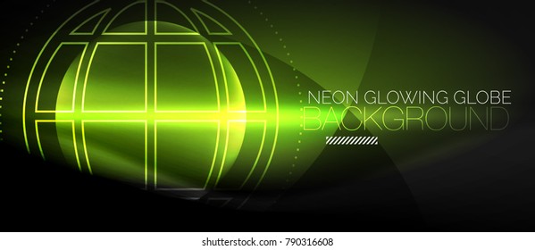 Techno globe concept, neon glow planet on dark abstract color background, light effects