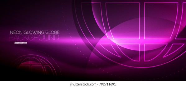 Techno globe concept, neon glow planet on dark abstract color background, light effects