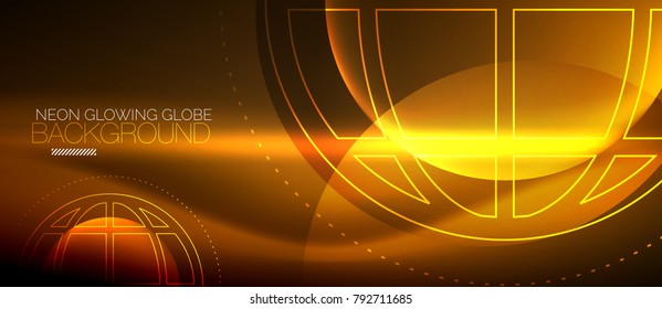Techno globe concept, orange neon glow planet on dark abstract color background, light effects