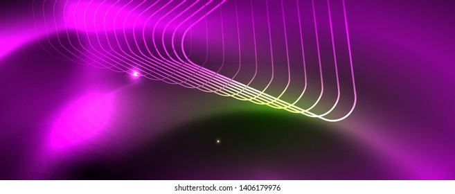 Techno glowing background, futuristic dark template with neon light effects and simple forms