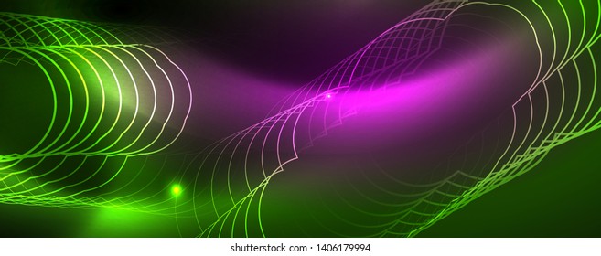 Techno glowing background, futuristic dark template with neon light effects and simple forms