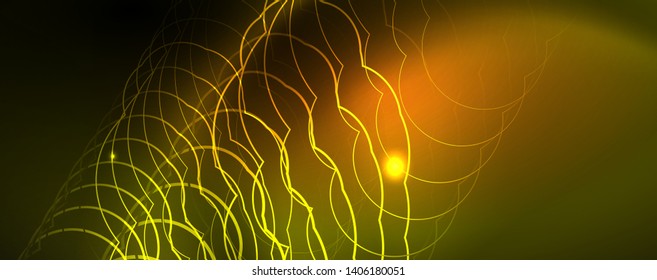 Techno glowing background, futuristic dark template with neon light effects and simple forms