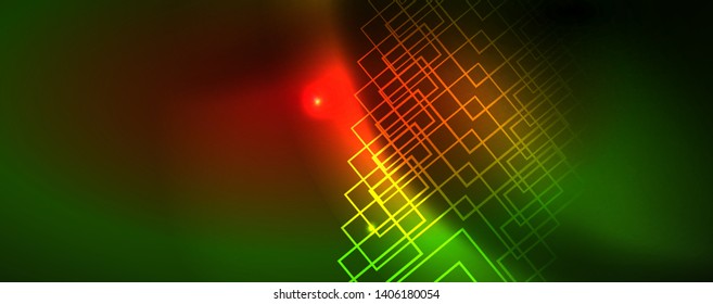Techno glowing background, futuristic dark template with neon light effects and simple forms