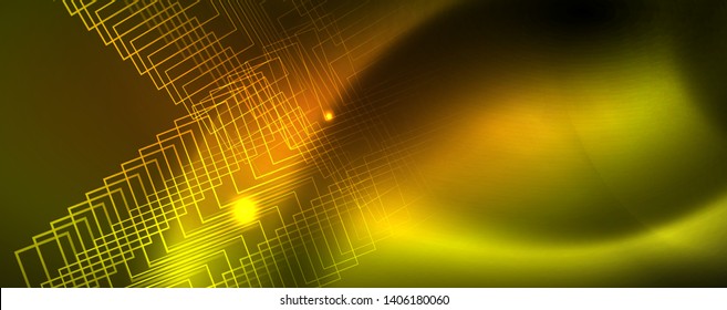 Techno glowing background, futuristic dark template with neon light effects and simple forms