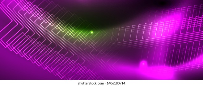 Fondo tecno brillante, plantilla oscura futurista con efectos de neón y formas simples