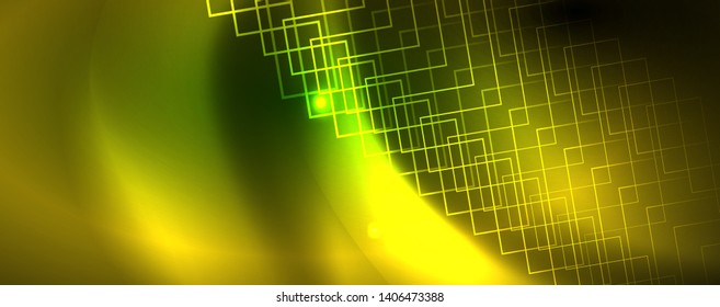 Fondo tecno brillante, plantilla oscura futurista con efectos de neón y formas simples