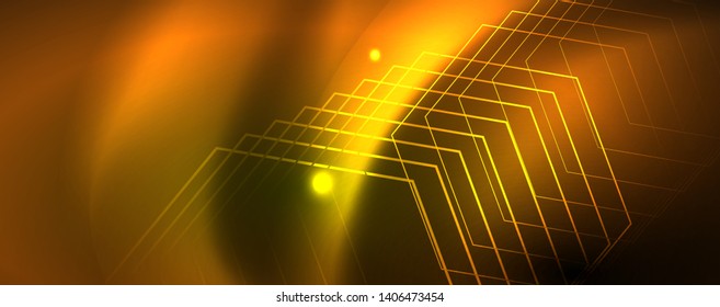 Techno glowing background, futuristic dark template with neon light effects and simple forms