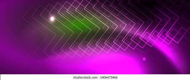 Fondo tecno brillante, plantilla oscura futurista con efectos de neón y formas simples