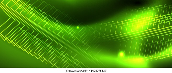 Techno glowing background, futuristic dark template with neon light effects and simple forms