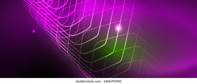 Fondo tecno brillante, plantilla oscura futurista con efectos de neón y formas simples