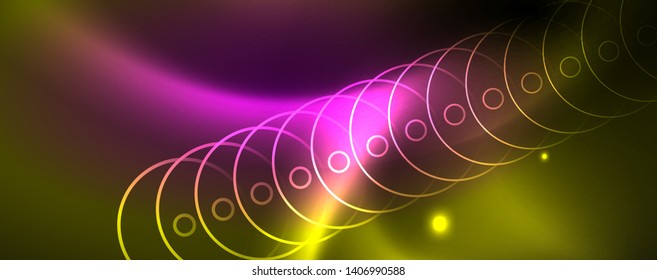 Techno glowing background, futuristic dark template with neon light effects and simple forms