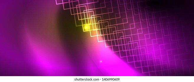 Techno glowing background, futuristic dark template with neon light effects and simple forms