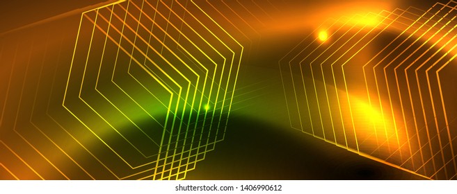 Fondo tecno brillante, plantilla oscura futurista con efectos de neón y formas simples