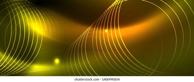 Techno glowing background, futuristic dark template with neon light effects and simple forms