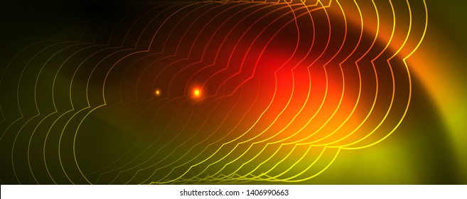 Techno glowing background, futuristic dark template with neon light effects and simple forms