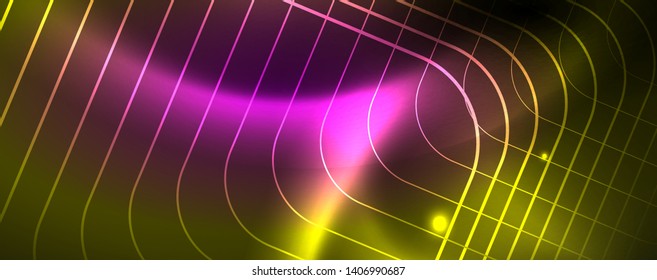 Techno glowing background, futuristic dark template with neon light effects and simple forms