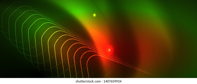 Techno glowing background, futuristic dark template with neon light effects and simple forms