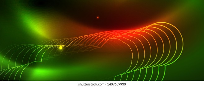 Techno glowing background, futuristic dark template with neon light effects and simple forms