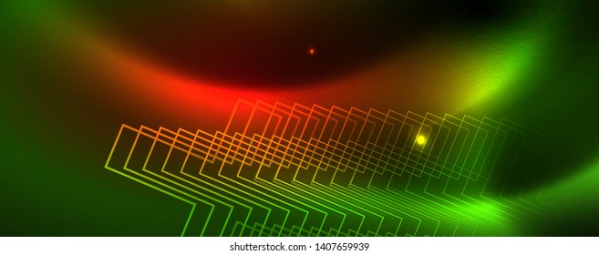 Fondo tecno brillante, plantilla oscura futurista con efectos de neón y formas simples