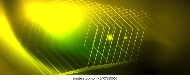 Fondo tecno brillante, plantilla oscura futurista con efectos de neón y formas simples