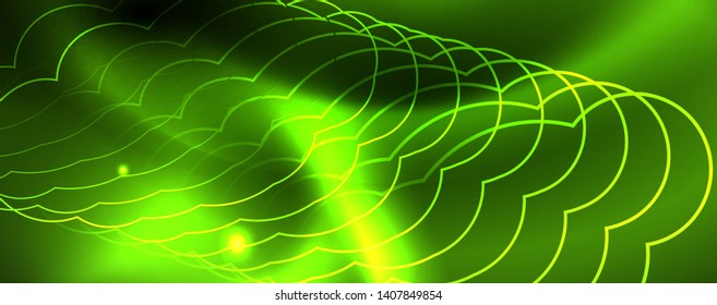Techno glowing background, futuristic dark template with neon light effects and simple forms