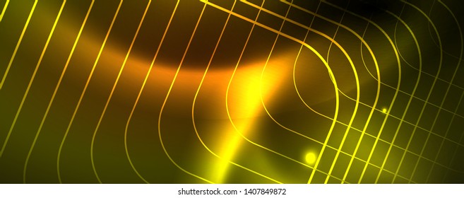 Techno glowing background, futuristic dark template with neon light effects and simple forms