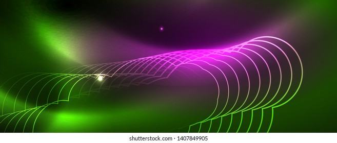 Techno glowing background, futuristic dark template with neon light effects and simple forms
