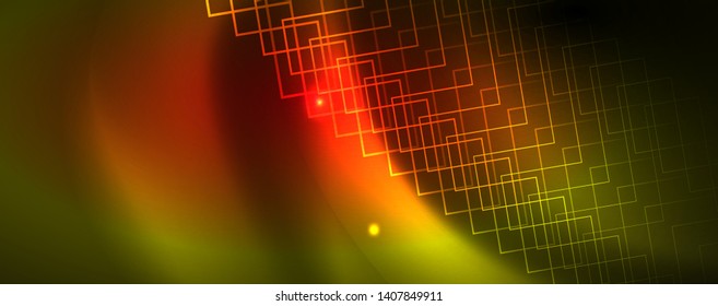 Techno glowing background, futuristic dark template with neon light effects and simple forms