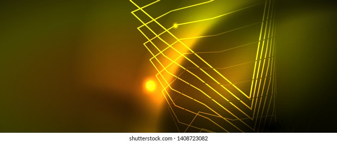Fondo tecno brillante, plantilla oscura futurista con efectos de neón y formas simples