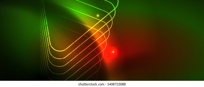Techno glowing background, futuristic dark template with neon light effects and simple forms