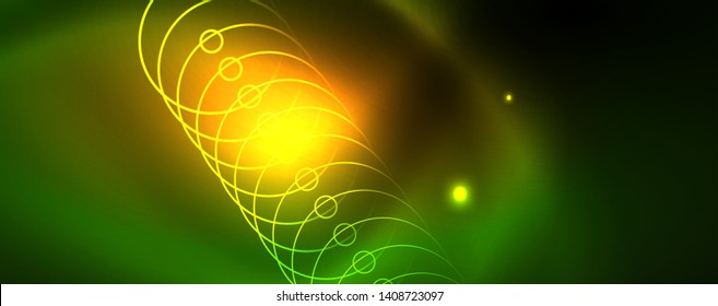 Techno glowing background, futuristic dark template with neon light effects and simple forms