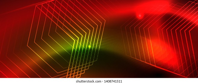 Techno glowing background, futuristic dark template with neon light effects and simple forms