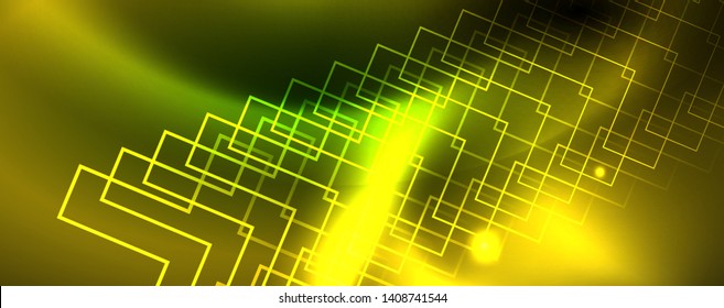 Techno glowing background, futuristic dark template with neon light effects and simple forms