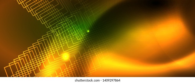 Techno glowing background, futuristic dark template with neon light effects and simple forms