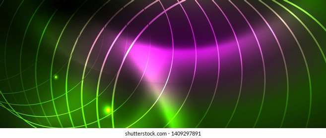 Techno glowing background, futuristic dark template with neon light effects and simple forms
