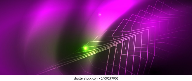 Techno glowing background, futuristic dark template with neon light effects and simple forms