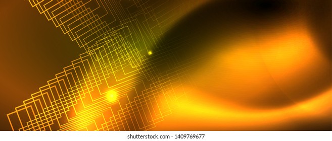Techno glowing background, futuristic dark template with neon light effects and simple forms