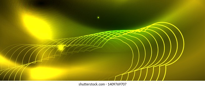 Techno glowing background, futuristic dark template with neon light effects and simple forms