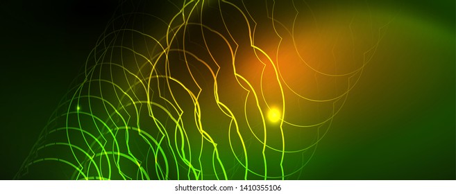 Techno glowing background, futuristic dark template with neon light effects and simple forms