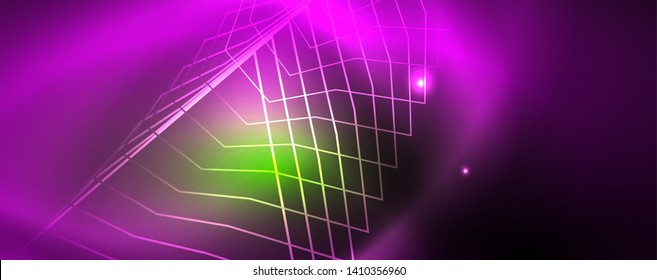 Techno glowing background, futuristic dark template with neon light effects and simple forms