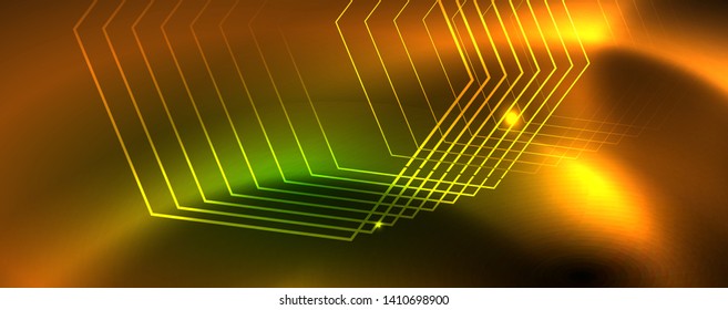 Techno glowing background, futuristic dark template with neon light effects and simple forms