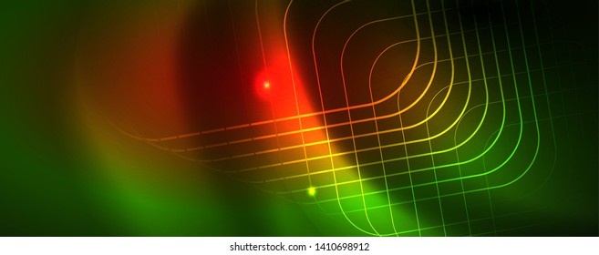 Techno glowing background, futuristic dark template with neon light effects and simple forms
