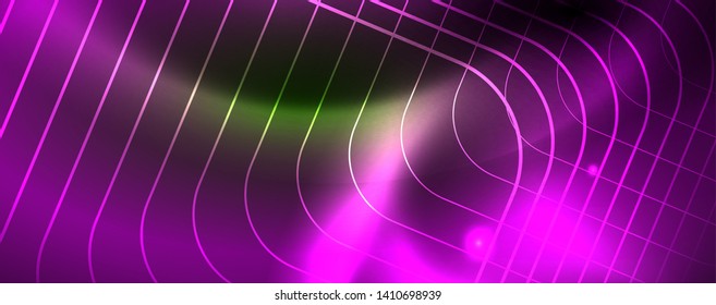 Techno glowing background, futuristic dark template with neon light effects and simple forms