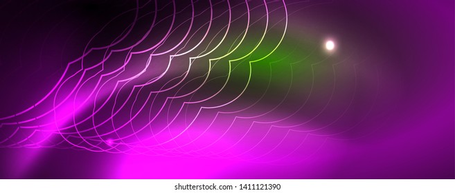 Techno glowing background, futuristic dark template with neon light effects and simple forms
