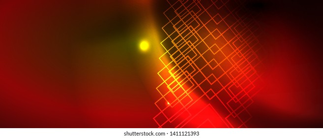 Techno glowing background, futuristic dark template with neon light effects and simple forms