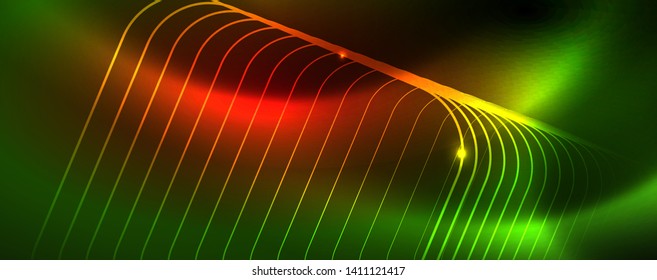 Techno glowing background, futuristic dark template with neon light effects and simple forms